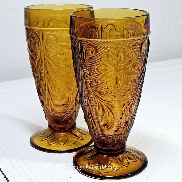 Vtg Indiana Sandwich Tiara Honey Amber Water Juice Glass Goblet Set Of 2 READ - Picture 11 of 14